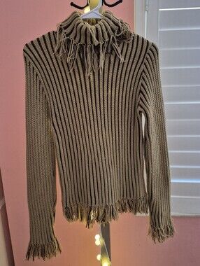 1990s,Fringed Turtleneck Ribbed Sweater in Beige and Black,bodycon Fit